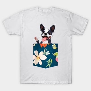 Boston Terrier In Floral Pocket T-Shirt